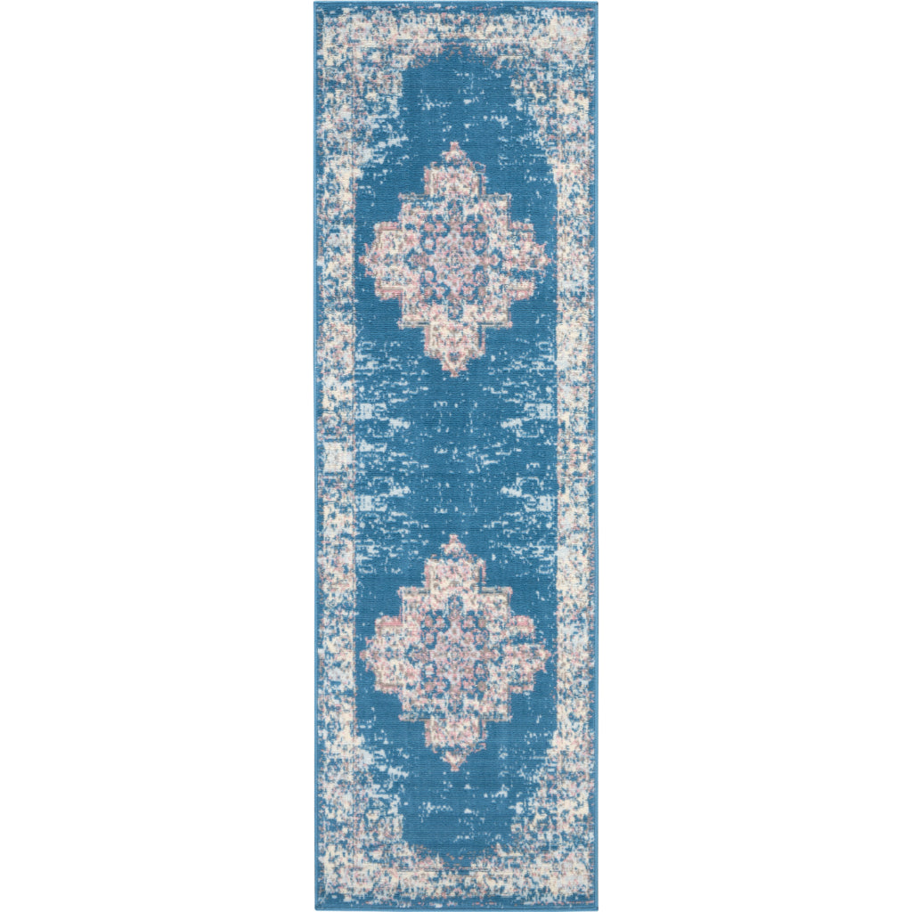 Nourison Home Grafix GRF14 Blue Indoor Runner - Vintage Style Power-Loomed Medium Pile Runner with Shades of Blue &amp; Ivory