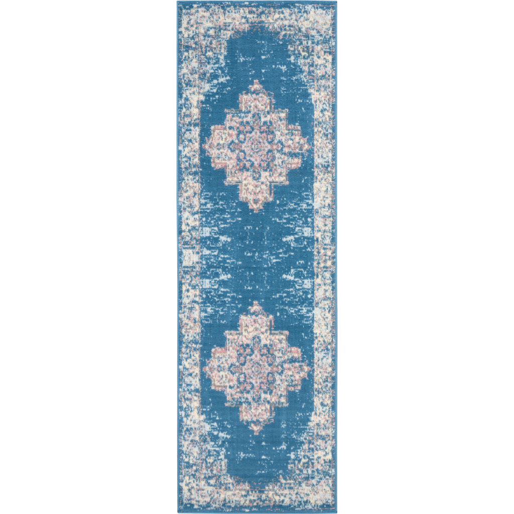 Nourison Home Grafix GRF14 Blue Indoor Runner - Vintage Style Power-Loomed Medium Pile Runner with Shades of Blue & Ivory-