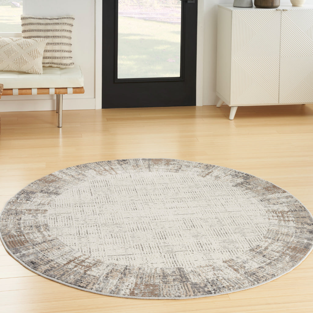 Nourison Home Elation ETN05 Two-Color Indoor Round Area Rug - Power Loomed Low Pile Living Room Rug with Gray Border