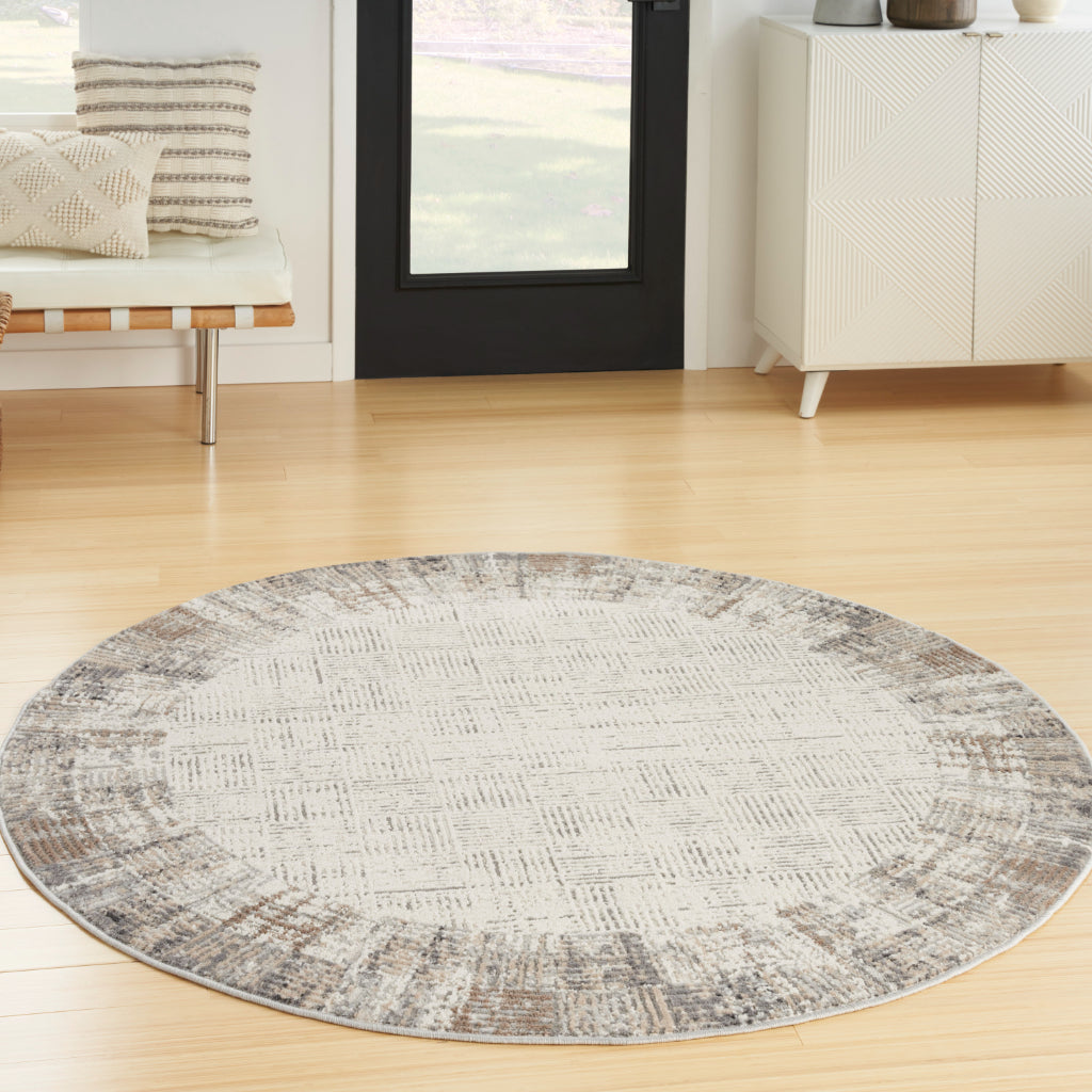 Nourison Home Elation ETN05 Two-Color Indoor Round Area Rug - Power Loomed Low Pile Living Room Rug with Gray Border-