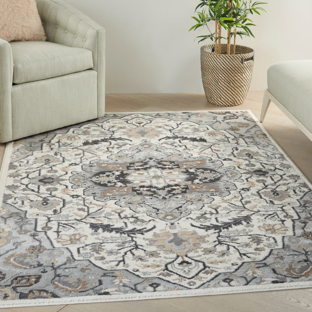 Nourison Home Elation ETN09 Multicolor Indoor Rectangle Area Rug - Low Pile Rug with Ivory & Gray Hues Floral Design-