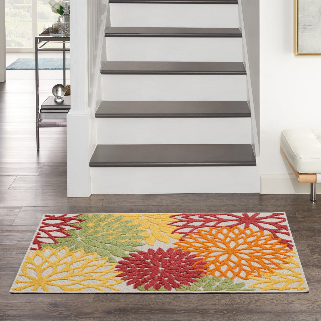 Nourison Home Aloha ALH05 Machine Made Multicolor Rectangle Area Rug - Stain Resistant Indoor & Outdoor Low Pile Rug with Red Floral Design-