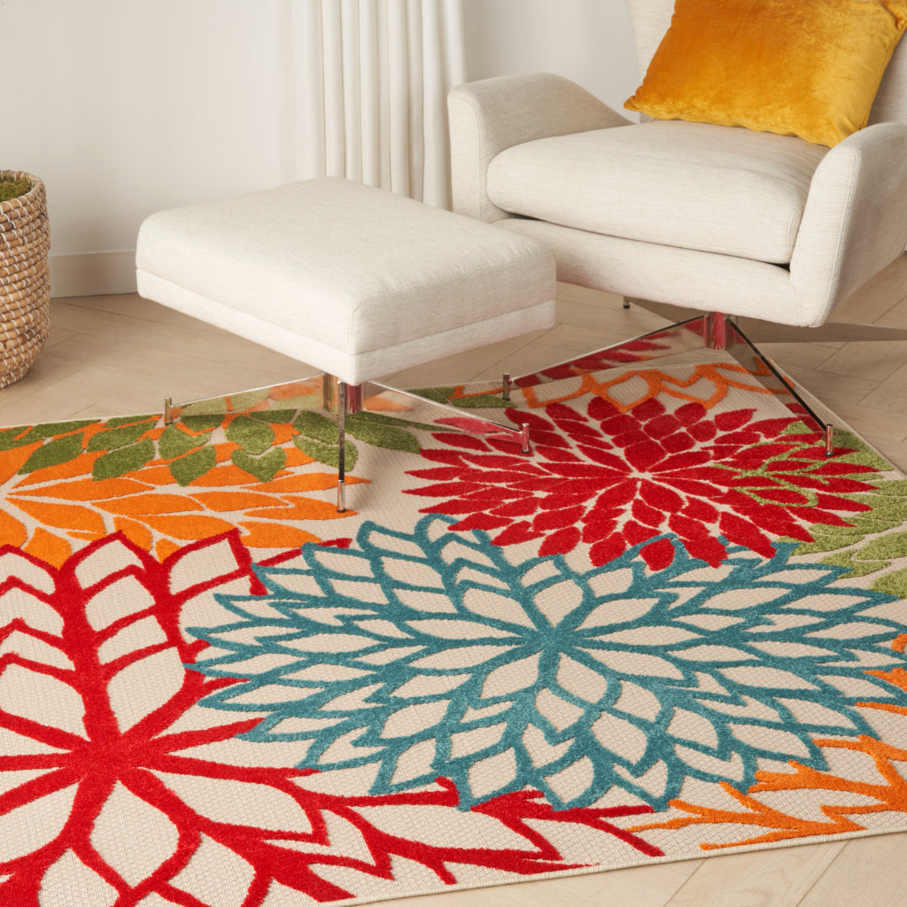Nourison Home Aloha ALH05 Machine Made Multicolor Square Area Rug - Stain Resistant Indoor &amp; Outdoor Low Pile Rug with Green Floral Design