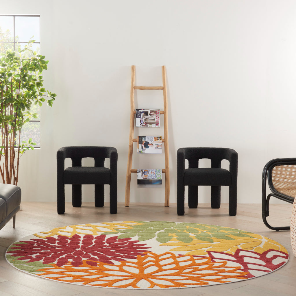 Nourison Home Aloha ALH05 Machine Made Multicolor Round Area Rug - Stain Resistant Indoor & Outdoor Low Pile Rug with Red Floral Design-