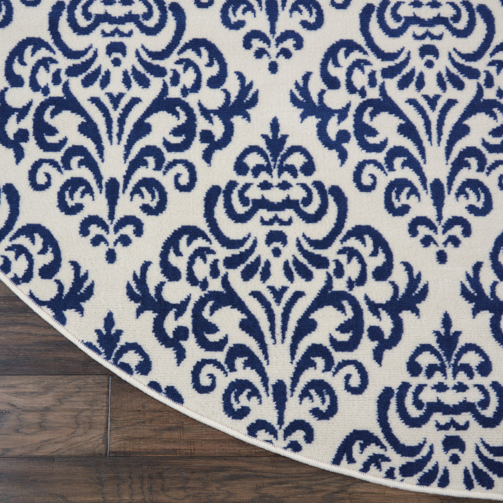 Nourison Home Grafix GRF06 Blue Round Indoor Area Rug - Power Loomed Medium Pile Rug with Damask Pattern