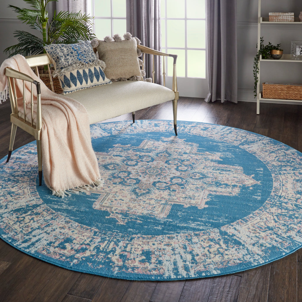 Nourison Home Grafix GRF14 Blue Indoor Round Area Rug - Vintage Style Power-Loomed Medium Pile Rug with Shades of Blue &amp; Ivory