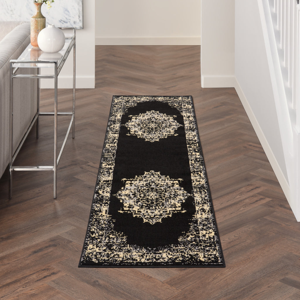 Nourison Home Grafix GRF14 Black Indoor Runner - Vintage Style Power-Loomed Medium Pile Runner with Shades of Black &amp; Cream