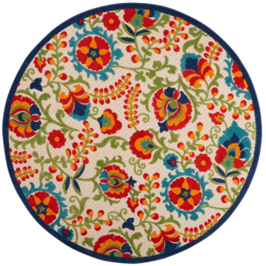 Nourison Home Aloha ALH17 Machine Made Multicolor Round Area Rug - Stain Resistant Indoor &amp; Outdoor Low Pile Floral Rug with Beige Background