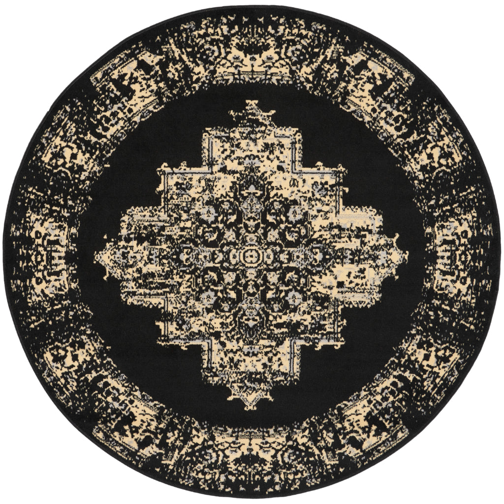 Nourison Home Grafix GRF14 Black Indoor Round Area Rug - Vintage Style Power-Loomed Medium Pile Rug with Shades of Black & Cream-