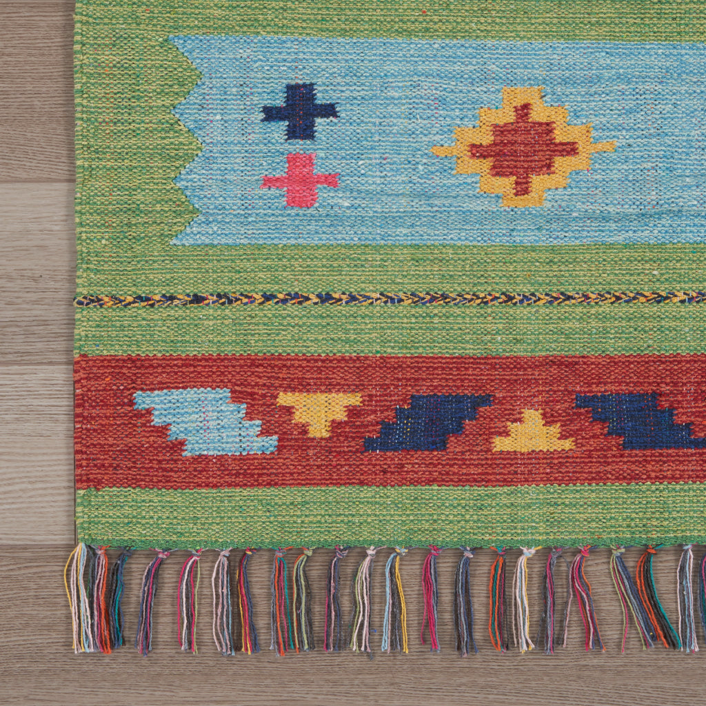 Nourison Home Baja BAJ02 Handmade Multicolor Runner - Reversible Indoor Southwestern Runner with Blue &amp; Green Background
