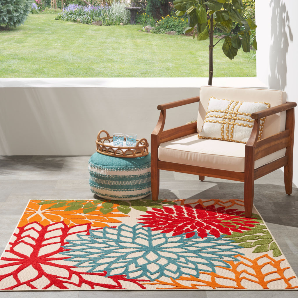 Nourison Home Aloha ALH05 Machine Made Multicolor Square Area Rug - Stain Resistant Indoor &amp; Outdoor Low Pile Rug with Green Floral Design