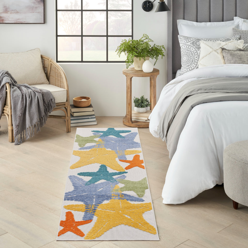 Nourison Home Aloha ALH28 Machine Made Multicolor Runner - Stain Resistant Indoor/Outdoor Runner with Starfish Design in White Background