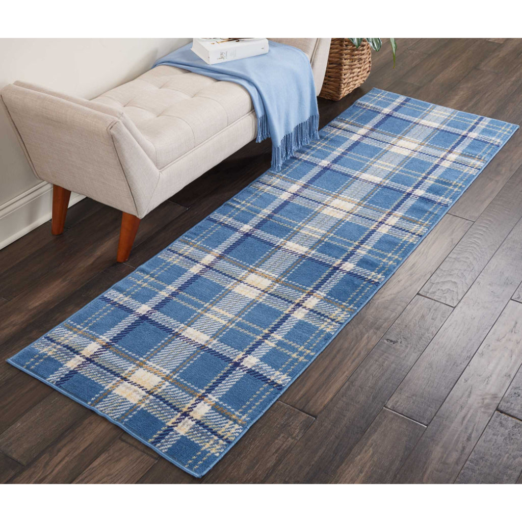 Nourison Home Grafix GRF03 Blue Indoor Runner - Power Loomed Medium Pile Plaid Runner-