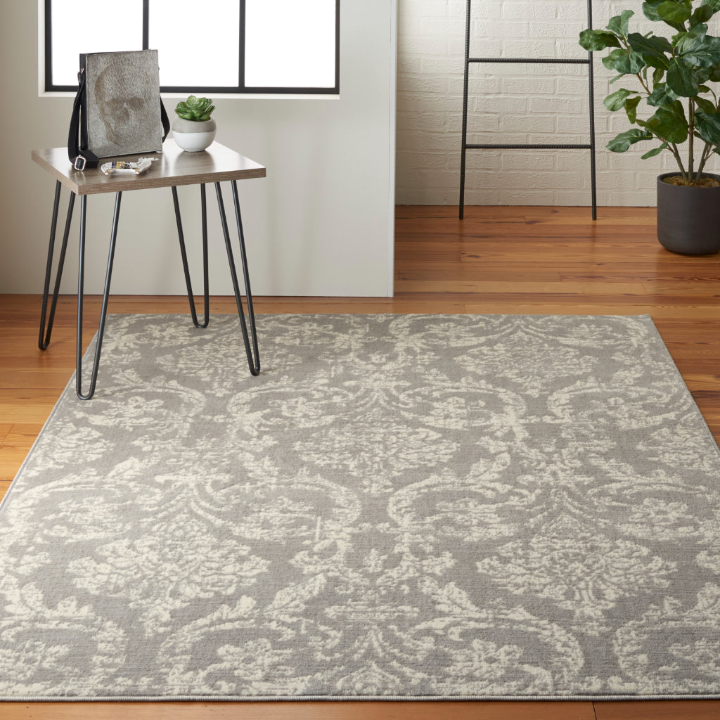 Nourison Home Jubilant JUB09 Gray Rectangle Indoor Area Rug - Classic Damask Pattern Medium Pile Rug-