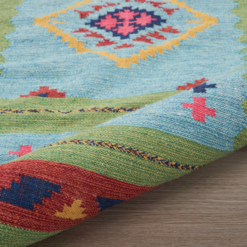Nourison Home Baja BAJ02 Handmade Multicolor Runner - Reversible Indoor Southwestern Runner with Blue &amp; Green Background