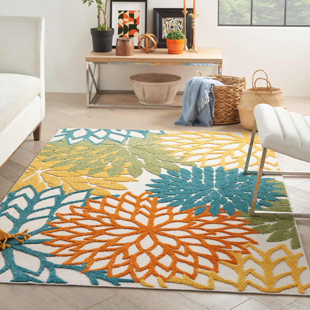 Nourison Home Aloha ALH05 Machine Made Multicolor Rectangle Area Rug - Stain Resistant Indoor &amp; Outdoor Low Pile Rug with Turquoise Floral Design