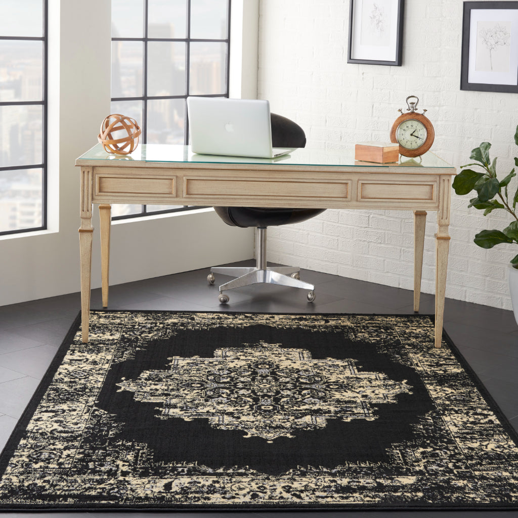 Nourison Home Grafix GRF14 Black Indoor Rectangle Area Rug - Vintage Style Power-Loomed Medium Pile Rug with Shades of Black & Cream-