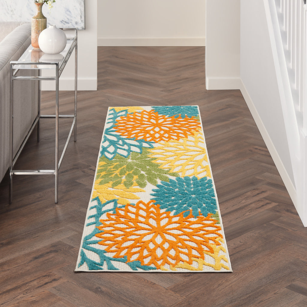 Nourison Home Aloha ALH05 Machine Made Multicolor Runner - Stain Resistant Indoor & Outdoor Low Pile Runner with Turquoise Floral Design-