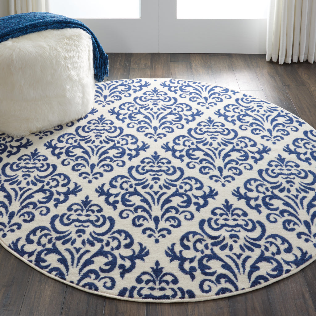 Nourison Home Grafix GRF06 Blue Round Indoor Area Rug - Power Loomed Medium Pile Rug with Damask Pattern-