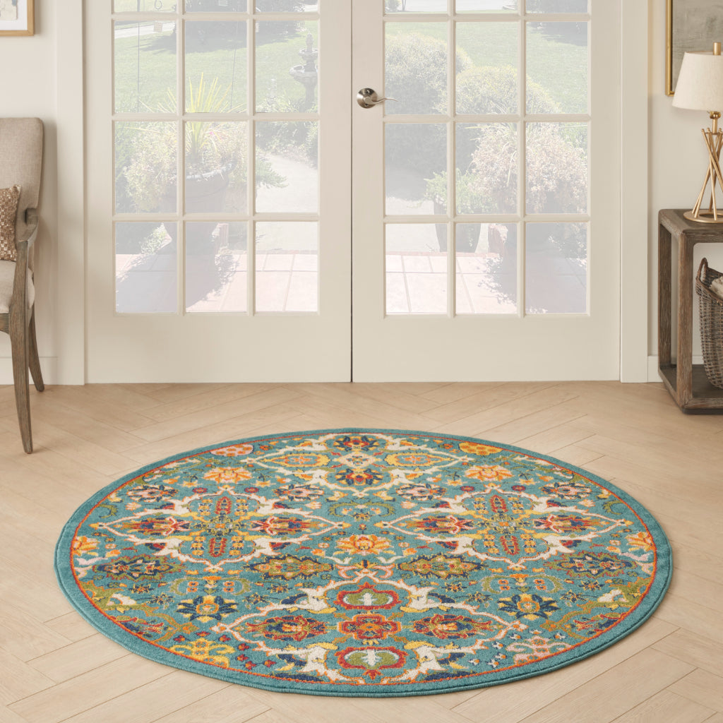 Nourison Home Allur ALR03 Power Loomed Multicolor Round Area Rug - Indoor Low Pile Bohemian Style Rug in Blue Background-
