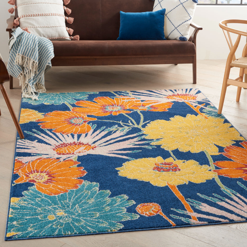 Nourison Home Allur ALR06 Multicolor Rectangle Area Rug - Power Loomed Indoor Low Pile Floral Rug with Dark Blue Background