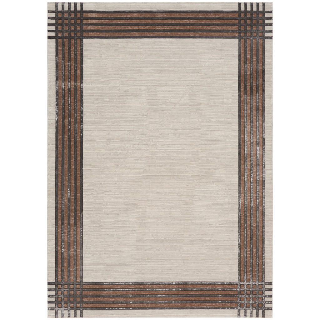 Nourison Home Desire DSR01 Beige Indoor Rectangle Area Rug - Power Loomed Plush Pile Rug with Brown & Gray Border-