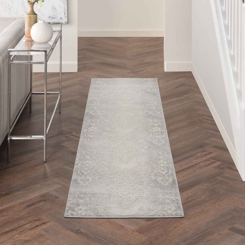 Nourison Home Elation ETN03 Gray Indoor Runner - Power Loomed Low Pile Hallway Runner with White & Gray Floral Design-