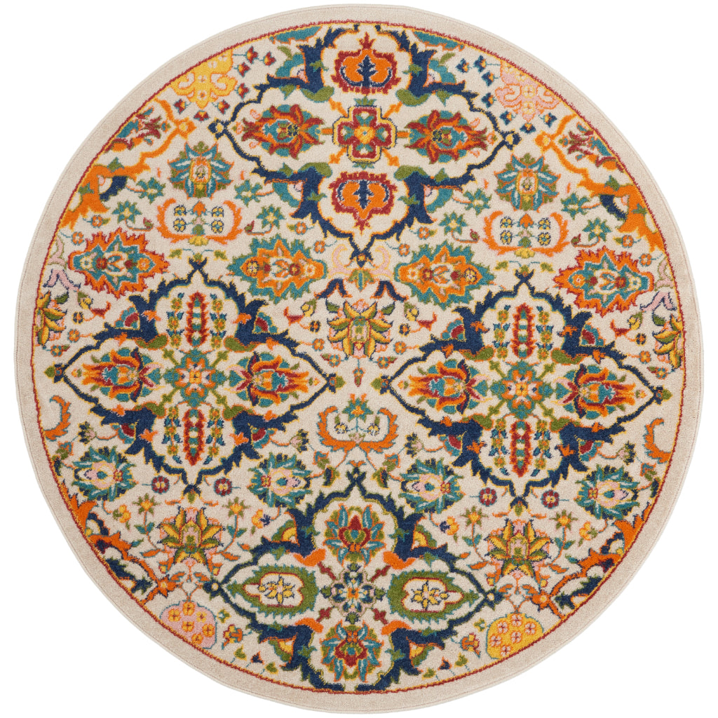 Nourison Home Allur ALR03 Power Loomed Multicolor Round Area Rug - Indoor Low Pile Bohemian Style Rug in Ivory Background-