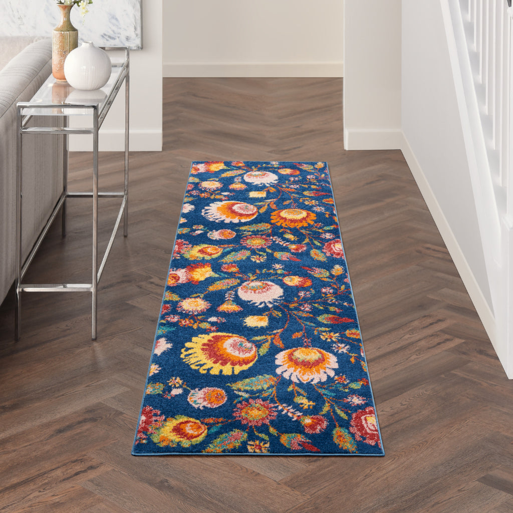 Nourison Home Allur ALR08 Multicolor Runner - Power Loomed Indoor Low Pile Floral Design Runner with Blue Background