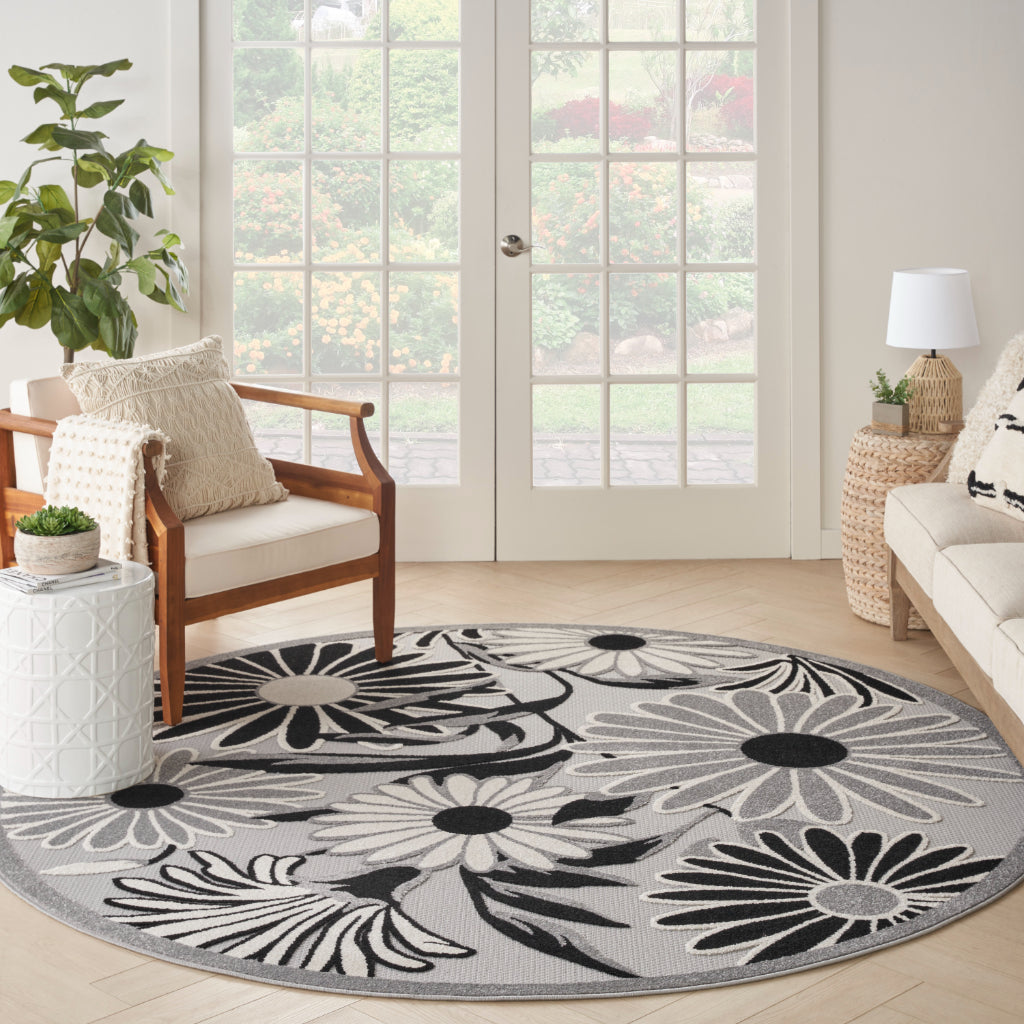 Nourison Home Aloha ALH33 Machine Made Two-Color Round Area Rug - Stain Resistant Indoor & Outdoor Low Pile Rug with Black-White Floral Design-