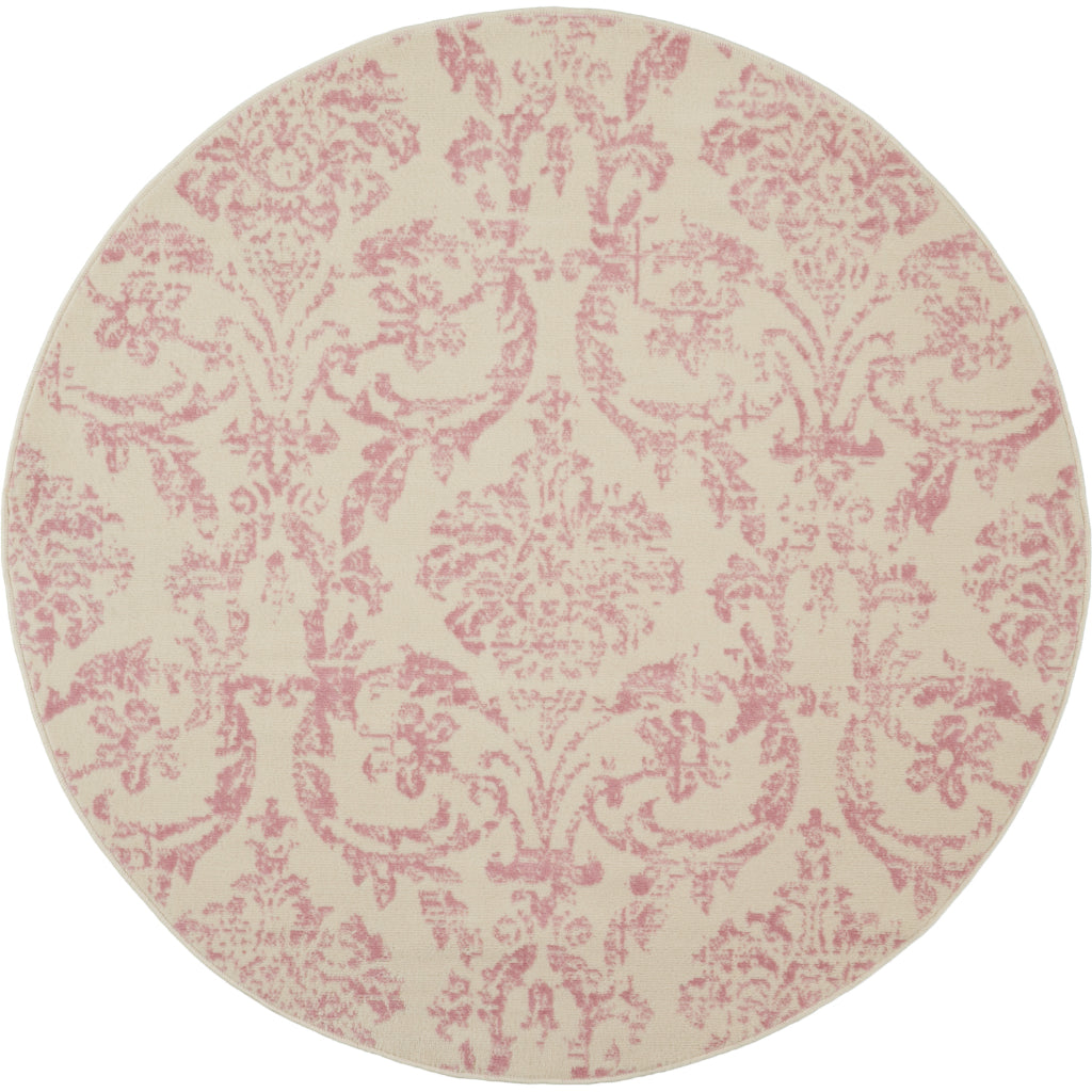 Nourison Home Jubilant JUB09 Pink Round Indoor Area Rug - Classic Damask Pattern Medium Pile Rug-