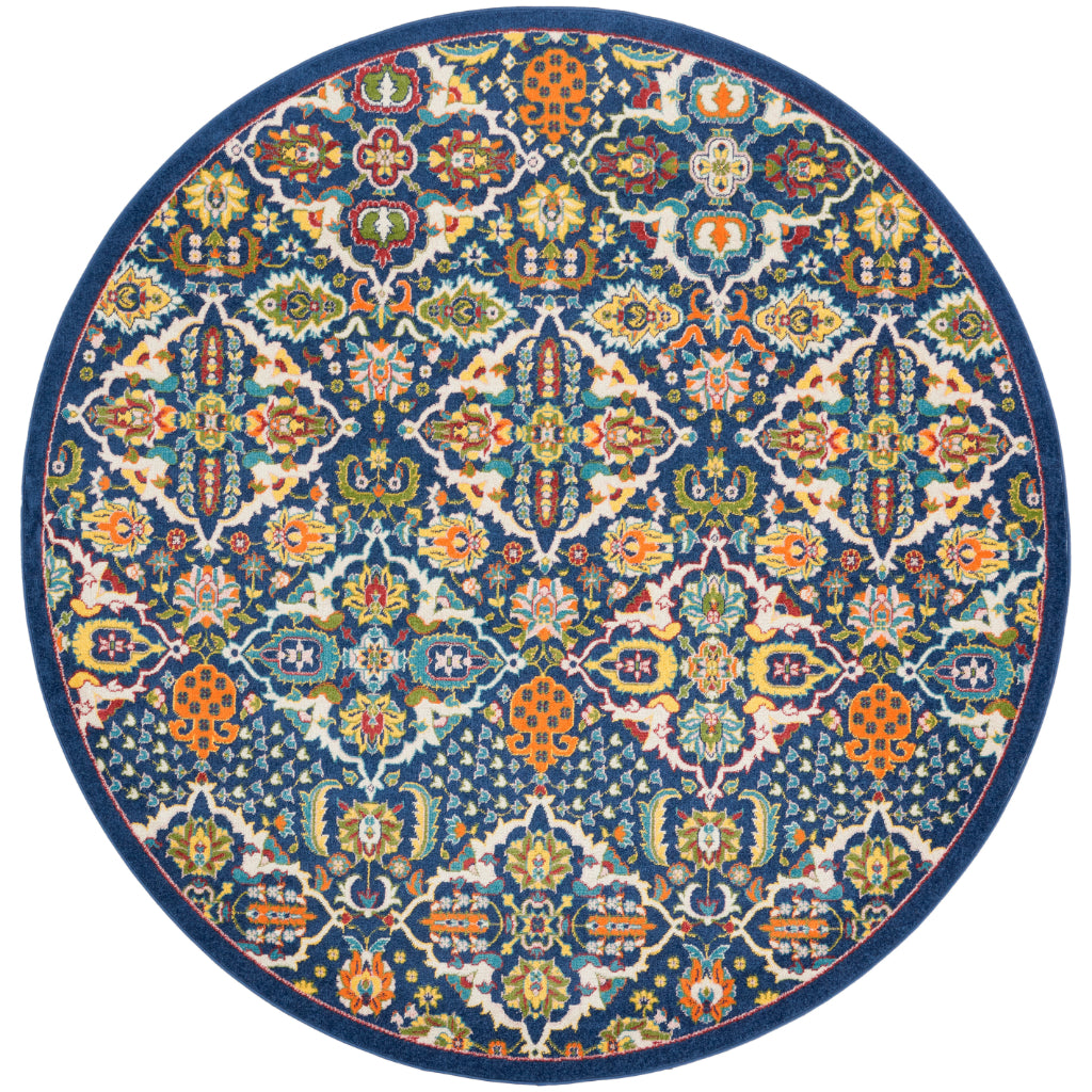 Nourison Home Allur ALR03 Power Loomed Multicolor Round Area Rug - Indoor Low Pile Bohemian Style Rug in Dark Blue Background-