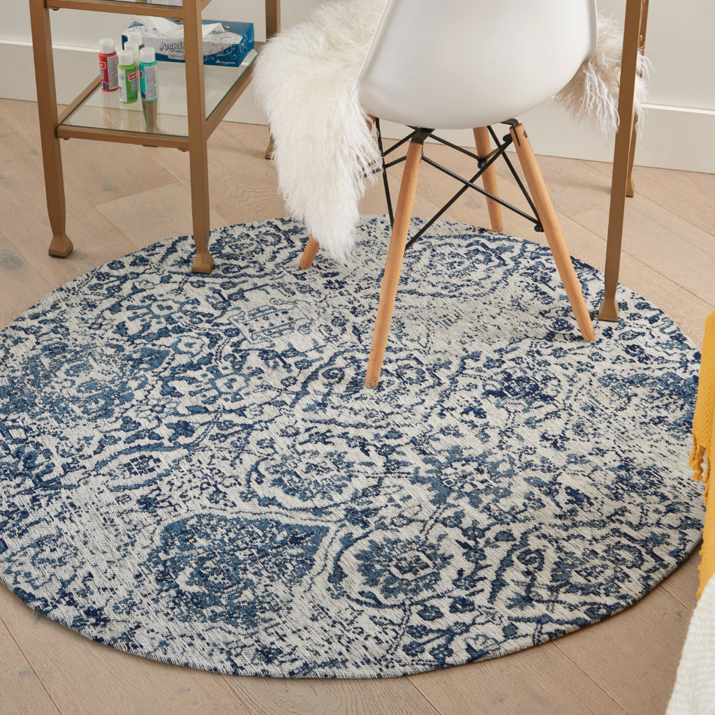 Nourison Home Damask DAS06 Blue Round Indoor Area Rug - Power Loomed Low Pile Rug