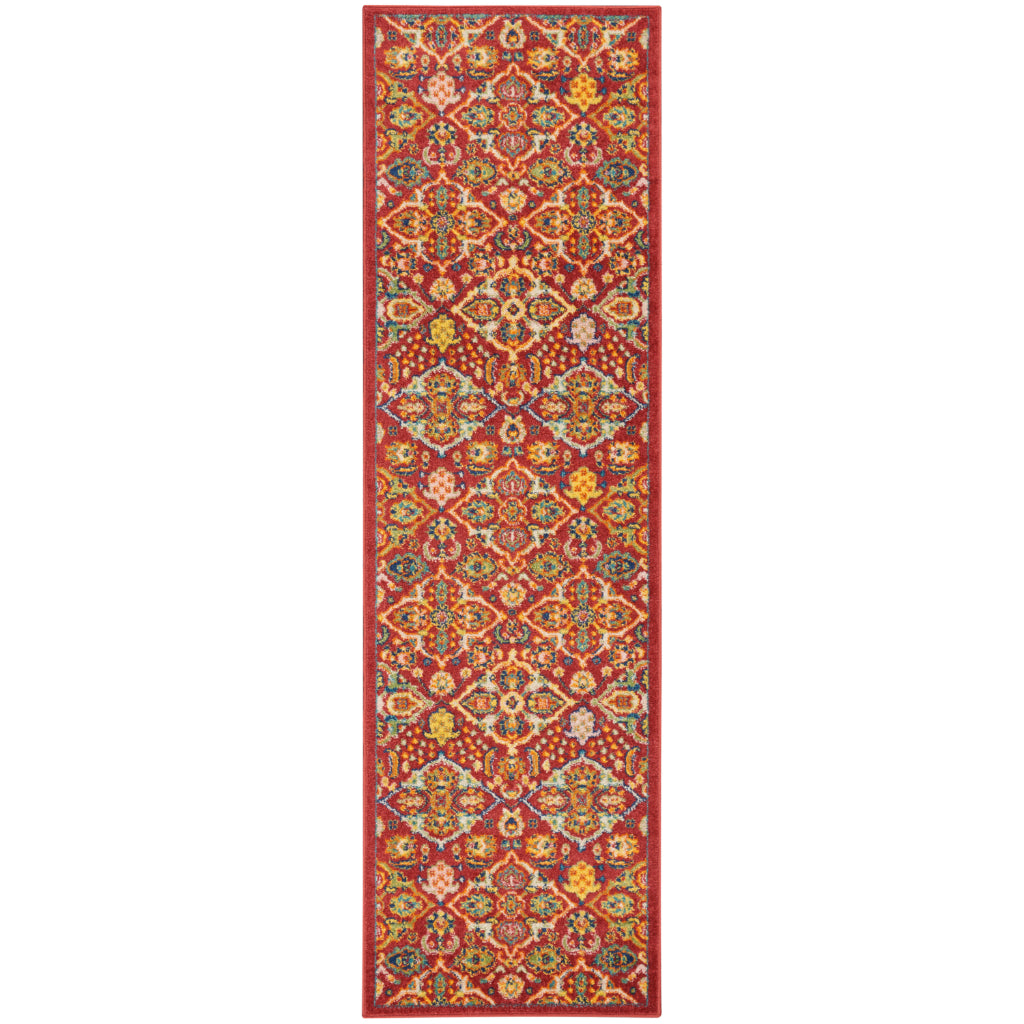 Nourison Home Allur ALR03 Power Loomed Multicolor Runner - Indoor Low Pile Bohemian Style Runner in Red Background-