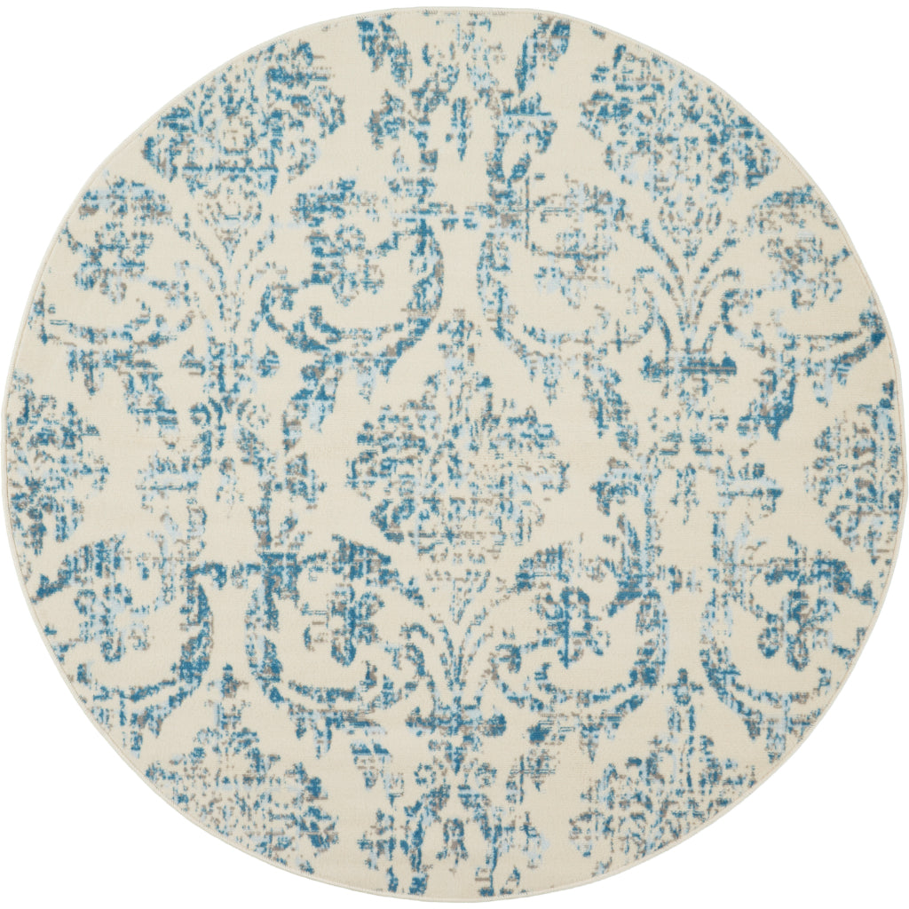 Nourison Home Jubilant JUB09 Ivory Blue Round Indoor Area Rug - Classic Damask Pattern Medium Pile Rug-