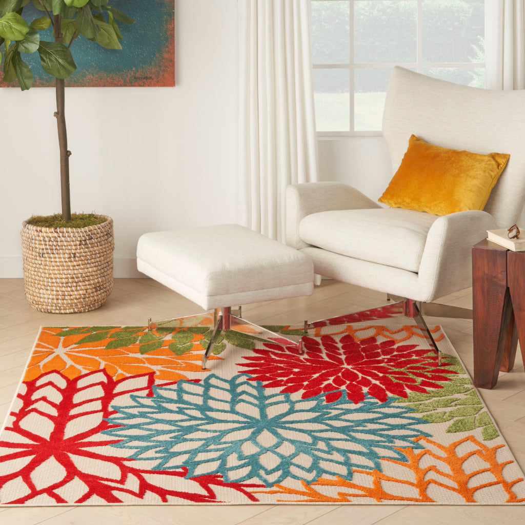 Nourison Home Aloha ALH05 Machine Made Multicolor Square Area Rug - Stain Resistant Indoor &amp; Outdoor Low Pile Rug with Green Floral Design