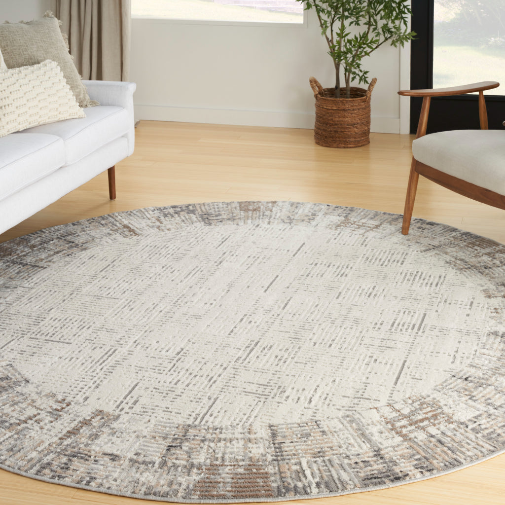 Nourison Home Elation ETN05 Two-Color Indoor Round Area Rug - Power Loomed Low Pile Living Room Rug with Gray Border