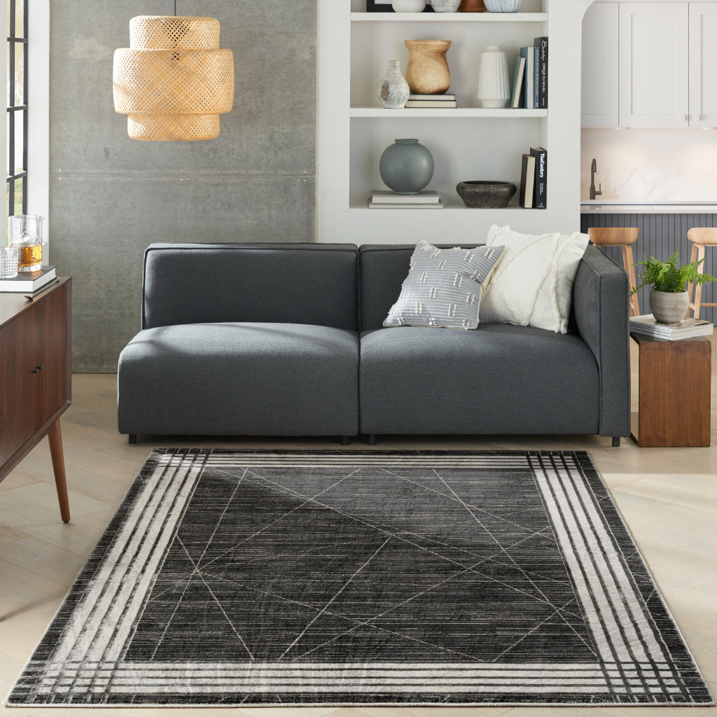 Nourison Home Desire DSR01 Black Indoor Rectangle Area Rug - Power Loomed Plush Pile Rug with White & Gray Border-