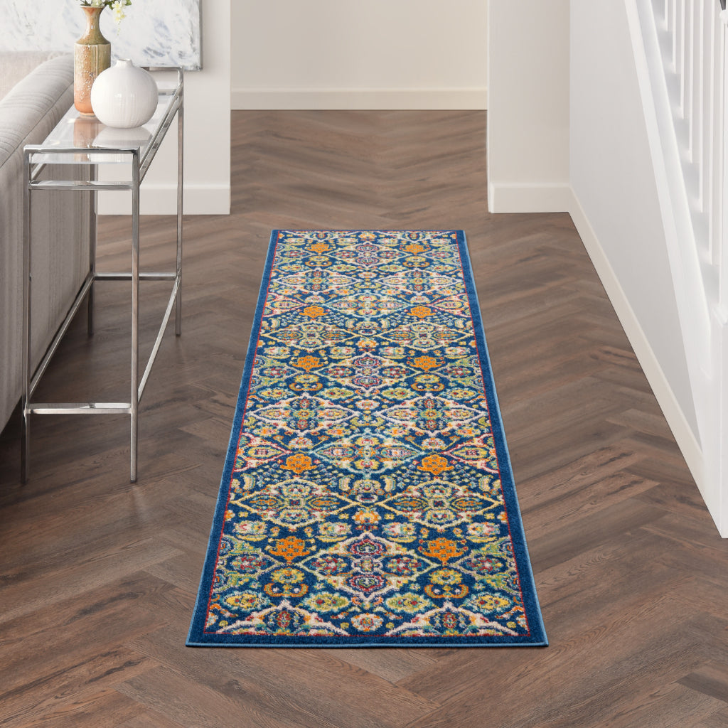 Nourison Home Allur ALR03 Power Loomed Multicolor Runner - Indoor Low Pile Bohemian Style Runner in Dark Blue Background-
