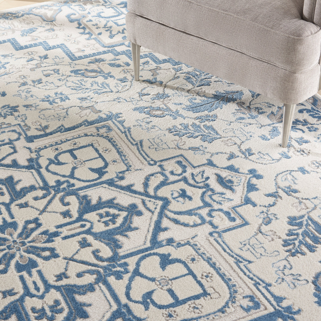 Nourison Home Elation ETN10 Two-Color Indoor Runner - Low Pile Runner with Beige &amp; Blue Hues Floral Design