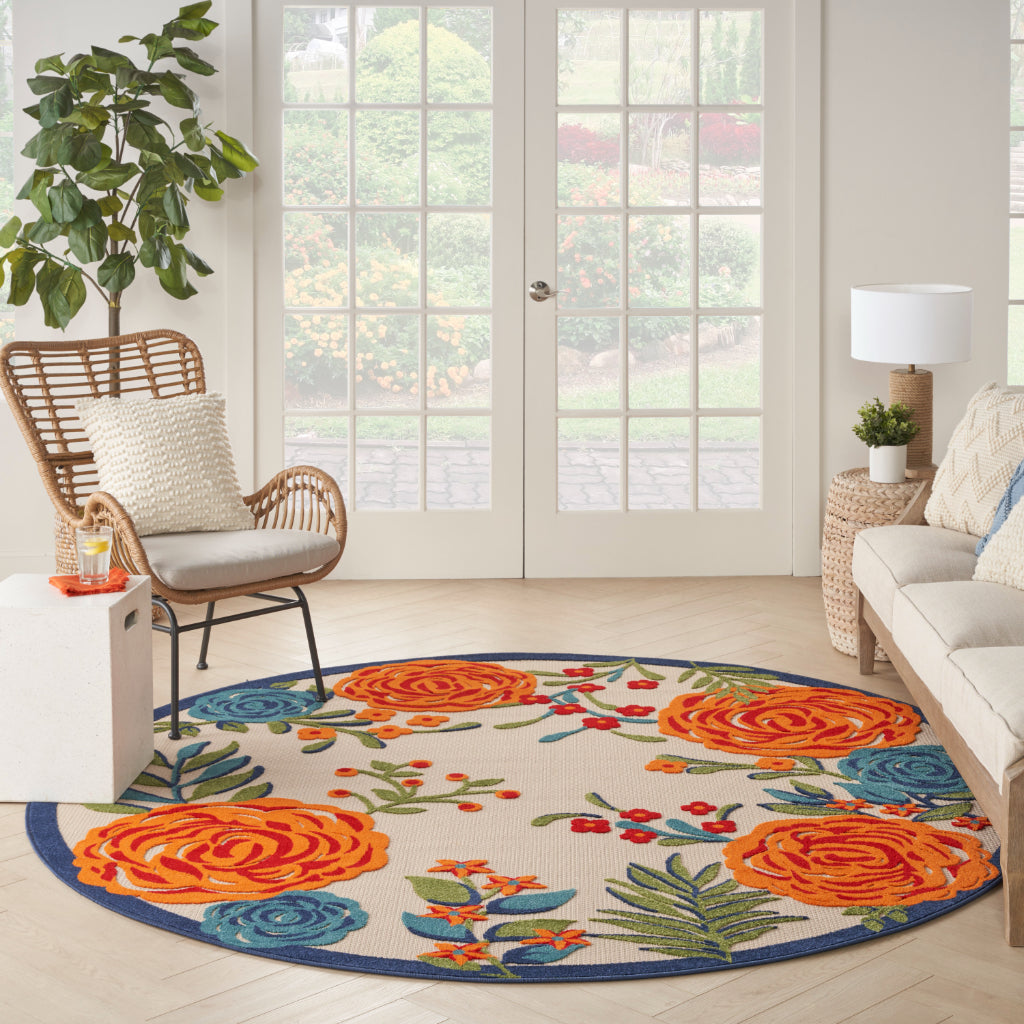 Nourison Home Aloha ALH32 Machine Made Multicolor Round Area Rug - Stain Resistant Indoor & Outdoor Low Pile Rug with Colorful Floral Design-