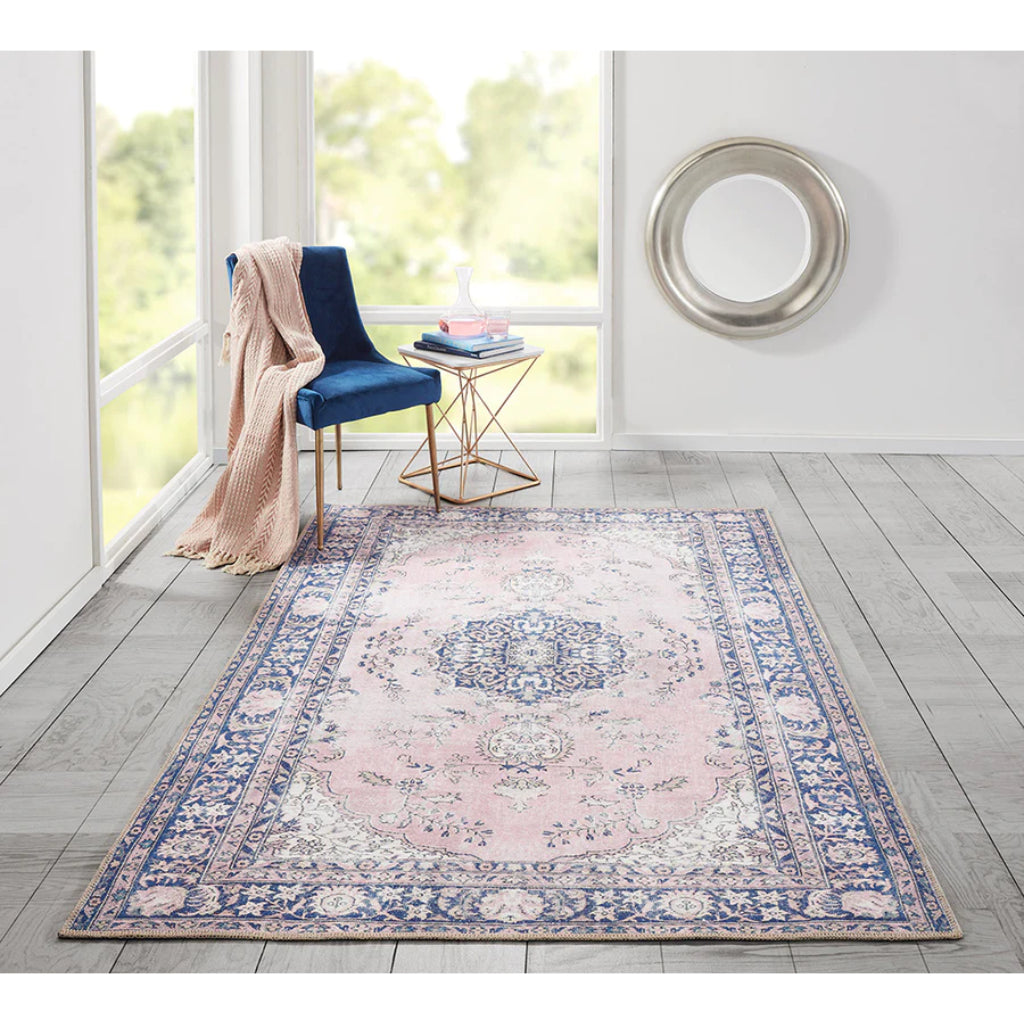 Momeni Afshar AFS-30 Pink Machine Woven Persian Style Area Rug & Runner - Soft & Comfortable Rug Made of 100% Polyester Chenille with Dark Blue & Pink Traditional Floral Design-