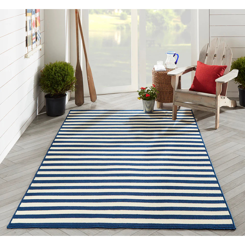 Momeni Baja BAJ-1 Navy Indoor / Outdoor Rug &amp; Runner - Sun and Fade Resistant All-Weather Rug with Low Pile and Striped Design