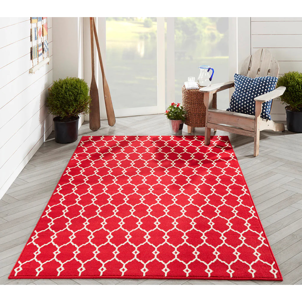 Momeni Baja BAJ-2 Red Indoor / Outdoor Rug &amp; Runner - Sun and Fade Resistant All-Weather Rug with Low Pile and Geometric Design