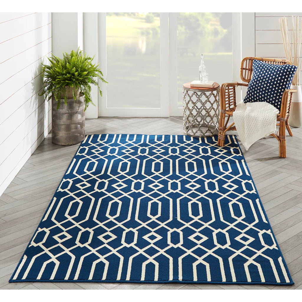 Momeni Baja BAJ-3 Navy Indoor / Outdoor Rug & Runner - Sun and Fade Resistant All-Weather Rug with Low Pile and Modern Geometric Design-