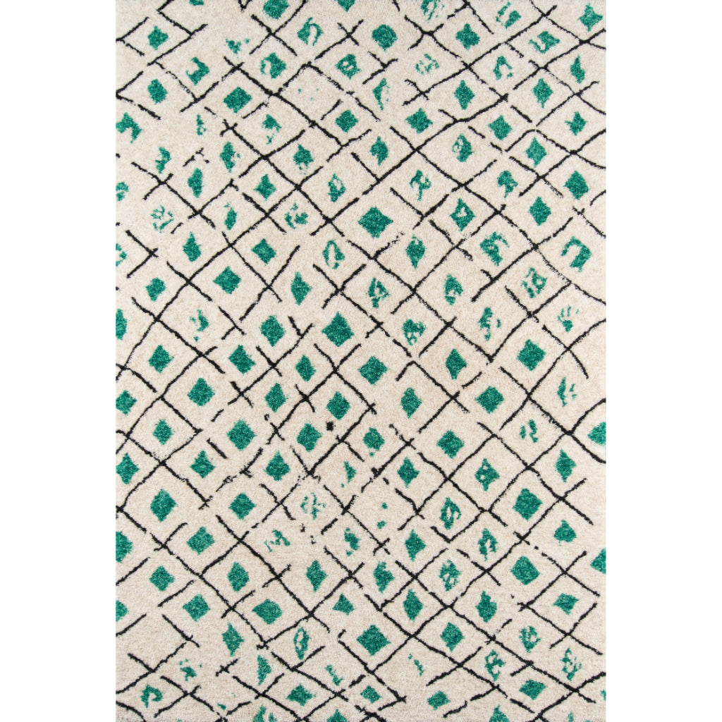 Momeni BUN-2 Green Bungalow Collection Table Tufted Modern Moroccan Plush Area Rug &amp; Runner - Cozy Medium-High Pile Rug with Green Geometric Pattern Made of 100% Polyester