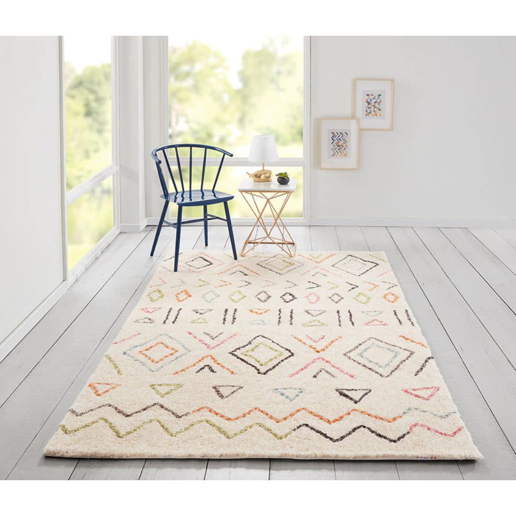 Momeni BUN-8 Ivory Bungalow Collection Table Tufted Modern Moroccan Plush Area Rug &amp; Runner - Soft &amp; Comfortable Medium-High Pile Rug with Multicolor Stripes, Tribal Print, &amp; Diamond Pattern Made of 100% Polyester