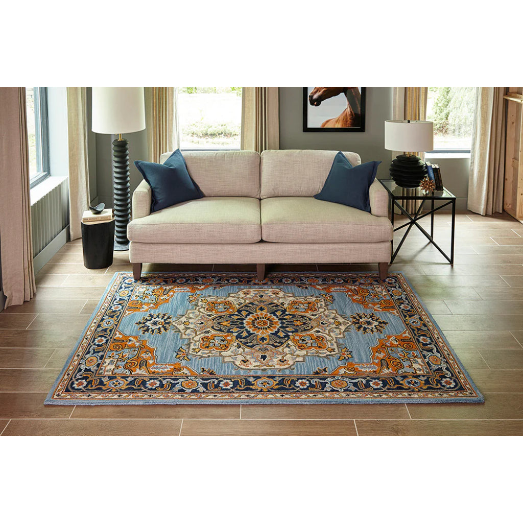 Momeni Ibiza IBI-1 Blue Area Rug & Runner - Traditional Hand Tufted Persian Rug Made of Medium Pile 100% Wool with Medallion Design-