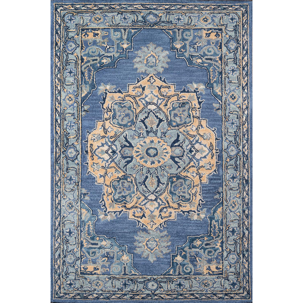 Momeni Ibiza IBI-1 Denim Area Rug &amp; Runner - Traditional Hand Tufted Persian Rug Made of Medium Pile 100% Wool with Medallion Design