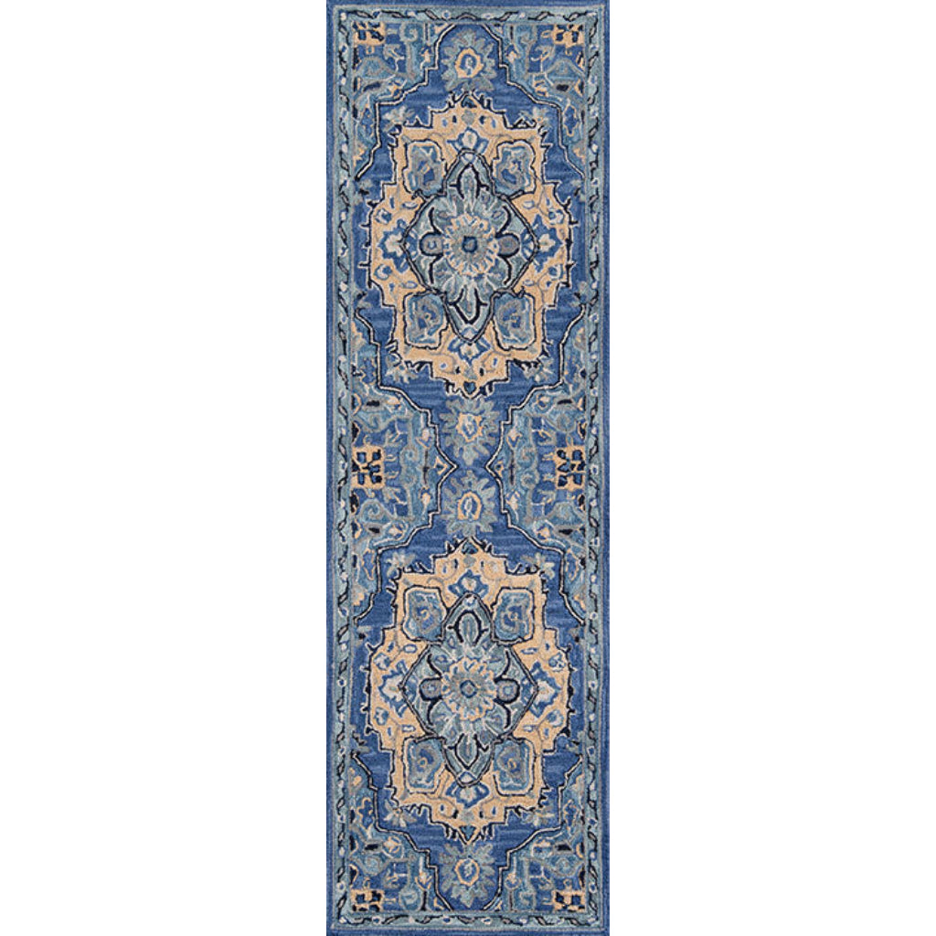 Momeni Ibiza IBI-1 Denim Area Rug &amp; Runner - Traditional Hand Tufted Persian Rug Made of Medium Pile 100% Wool with Medallion Design